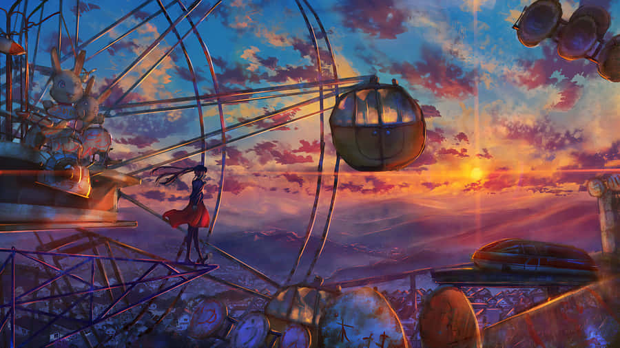Ferris Wheel On Sunset 4k Painting Wallpaper