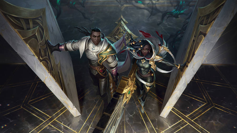 Fierce Battle In Wild Rift: Lucian And Senna's Standoff In Lol Wallpaper