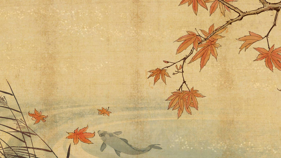 Fish In Lake Japanese Drawing Wallpaper