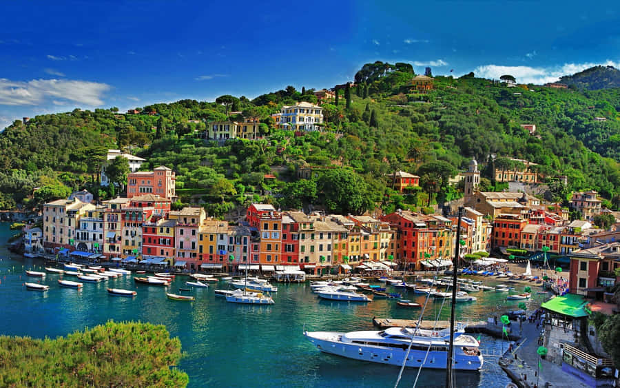 Fishing Village In Portofino Italy Wide Angle Shot Wallpaper