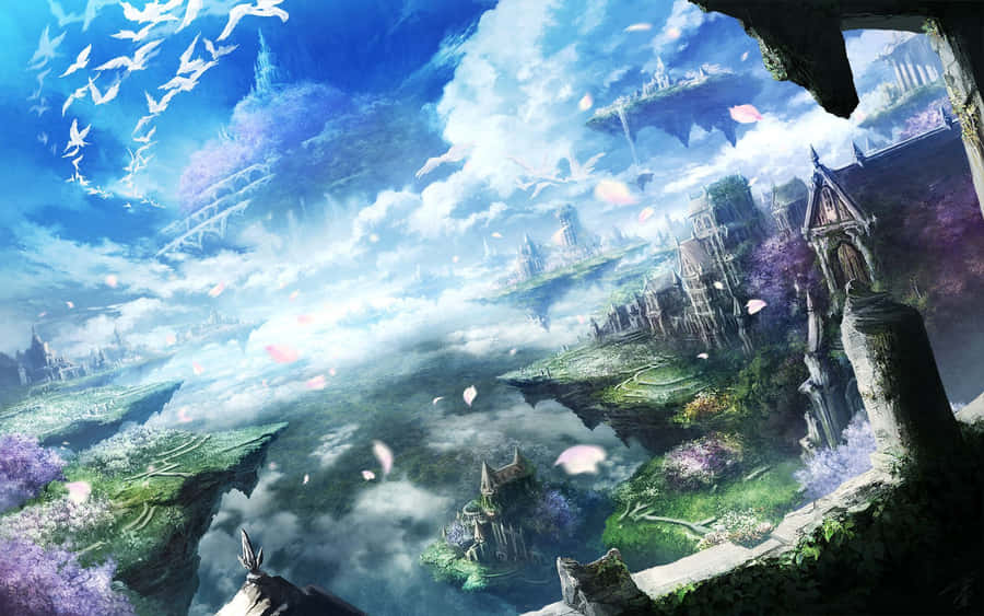 Floating Island Beautiful Anime Scenery Wallpaper