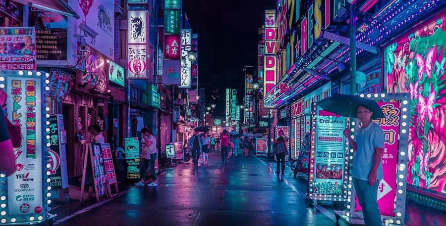 Get Lost In A Classic Japanese Neon Landscape Wallpaper