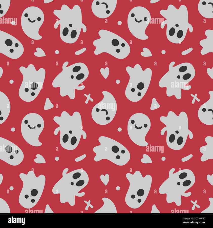 Ghosts And Hearts On A Red Background - Stock Image Wallpaper
