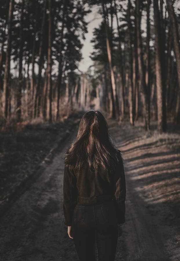 Girl In Forest Path Alone Wallpaper