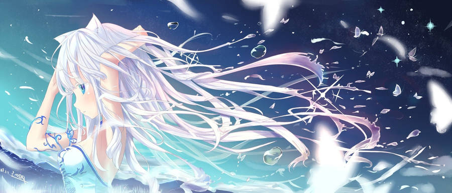 Girl Long Hair Anime Blue Wallpaper