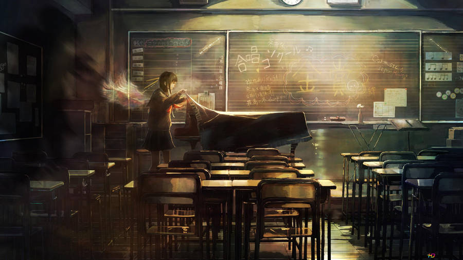 Girl Uncovering Old Anime Classroom Wallpaper