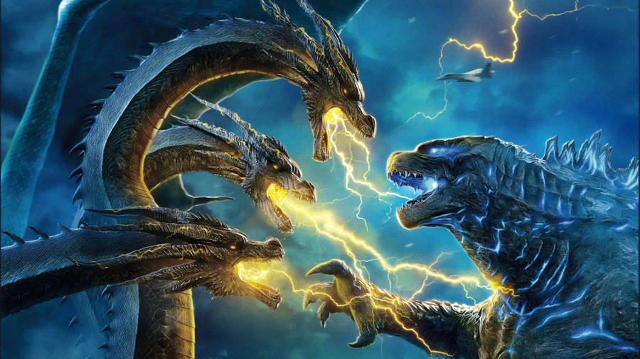 Godzilla And King Ghidorah Face Off In A Lightning Clash Wallpaper