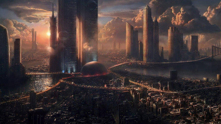 Golden Futuristic City Aerial View Wallpaper