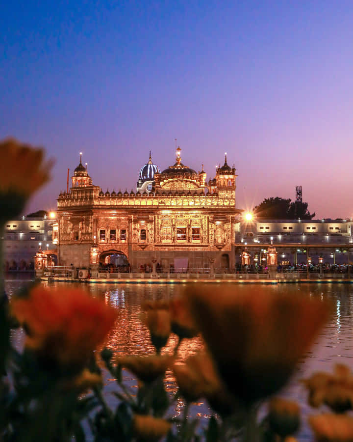 Golden Temple Behind Flowers Wallpaper