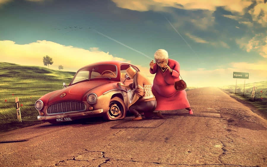 Grandma Power Pushing Car Vintage Cartoon Wallpaper