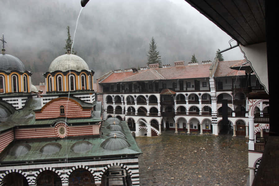 Gray Aesthetic Rila Monastery Desktop Wallpaper