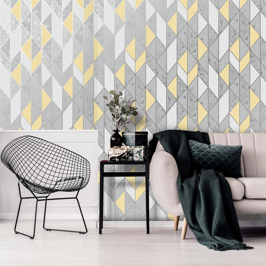 Gray And Yellow Geometric Living Room Wallpaper