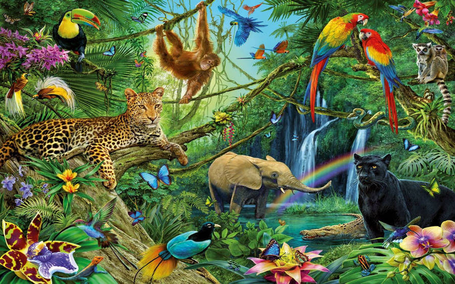 Green Forest With Waterfalls And Wild Animals Digital Art Wallpaper