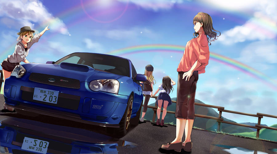 Group Next To A Subaru Wrx Car Anime Wallpaper