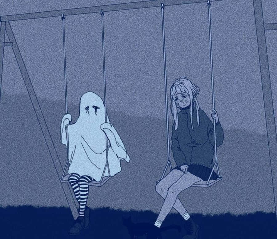 Grunge Anime Girl And Ghost On Swing Wallpaper