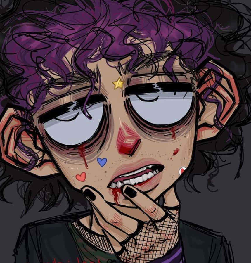 Grunge Cartoon Girl Curly Purple Hair Wallpaper