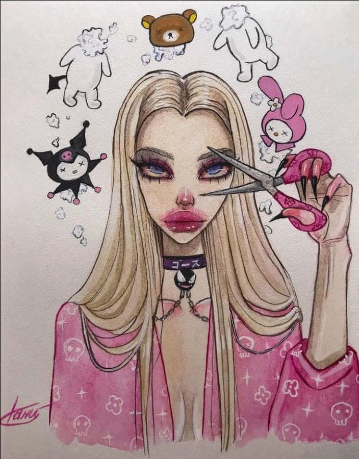 Grunge Cartoon Pink Girl Scissors Wallpaper