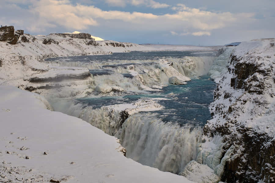Gullfoss Waterfall With Blizzard In Southwest Iceland Wallpaper