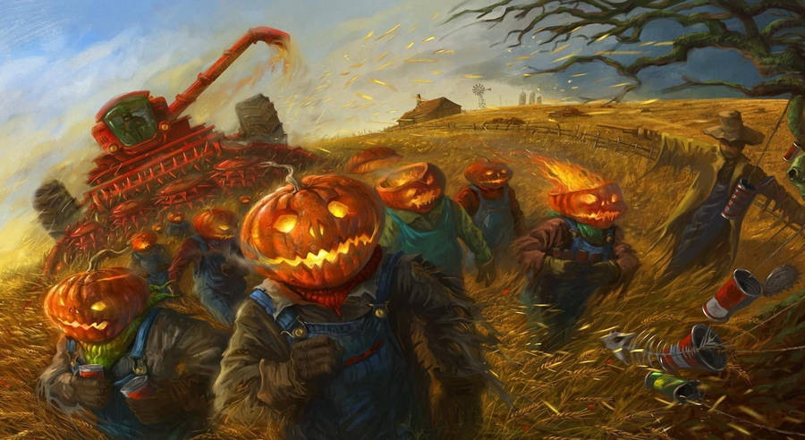 Halloween Painting Of Running Pumpkins Wallpaper