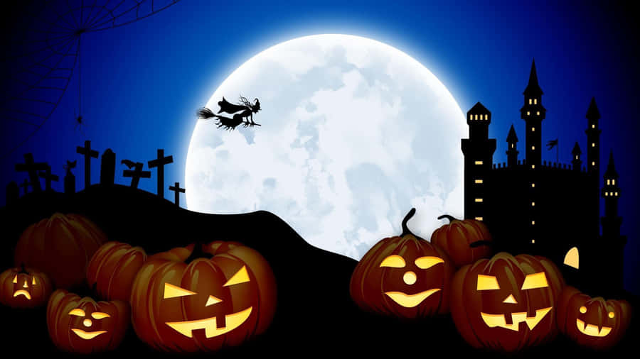 Halloween Pumpkins And Castle With Full Moon Wallpaper