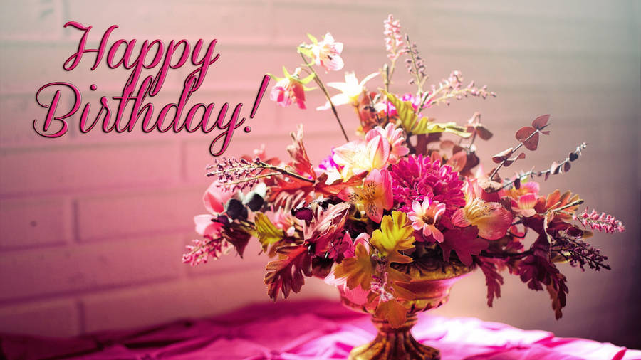 Happy Birthday Flower On Gold Vase Wallpaper