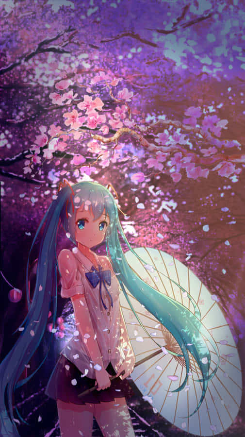 Hatsune Miku With Cherry Blossoms Phone Wallpaper