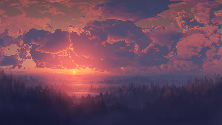 Hazy Forest Sunrise Digital Art Wallpaper