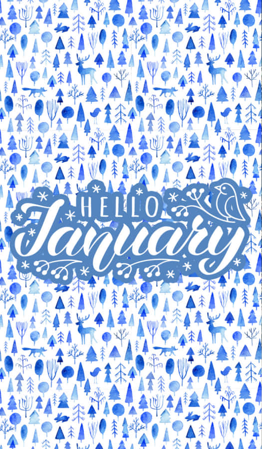 Hello January With Blue Watercolor Trees Wallpaper