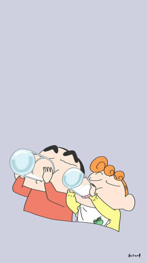 Himawari And Shinchan Aesthetic Drinking Milk Wallpaper