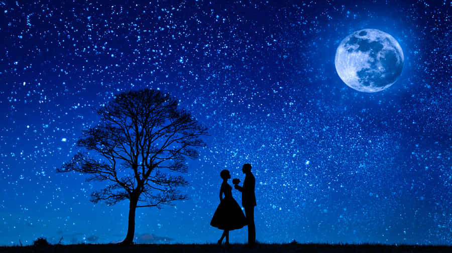 Husband And Wife Under Starry Sky With Moon Wallpaper