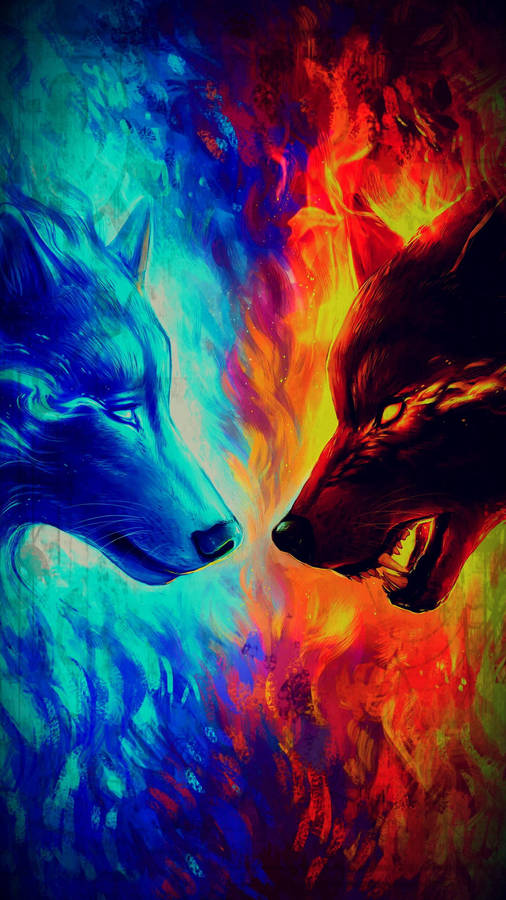 Iphone Red And Blue Fire Wolf Wallpaper