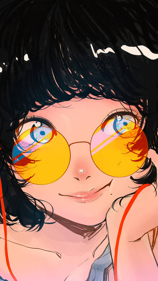 Japanese Aesthetic Iphone Girl With Yellow Sunglasses Wallpaper