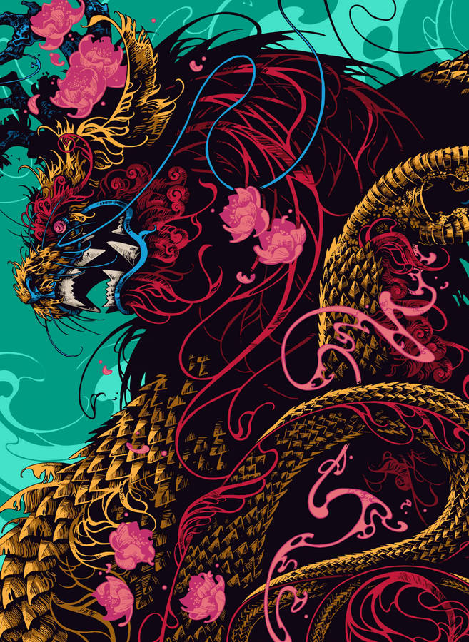 Japanese Dragon With Pink Roses Wallpaper