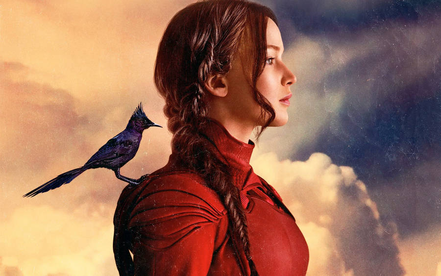 Jennifer Lawrence With Black Mockingjay Bird Wallpaper