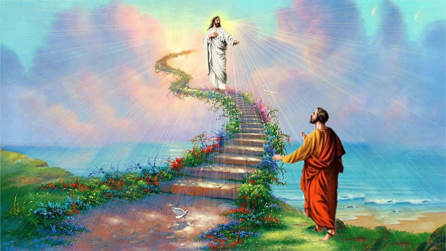 Jesus In Heaven Walks On Beautiful Stairs Wallpaper
