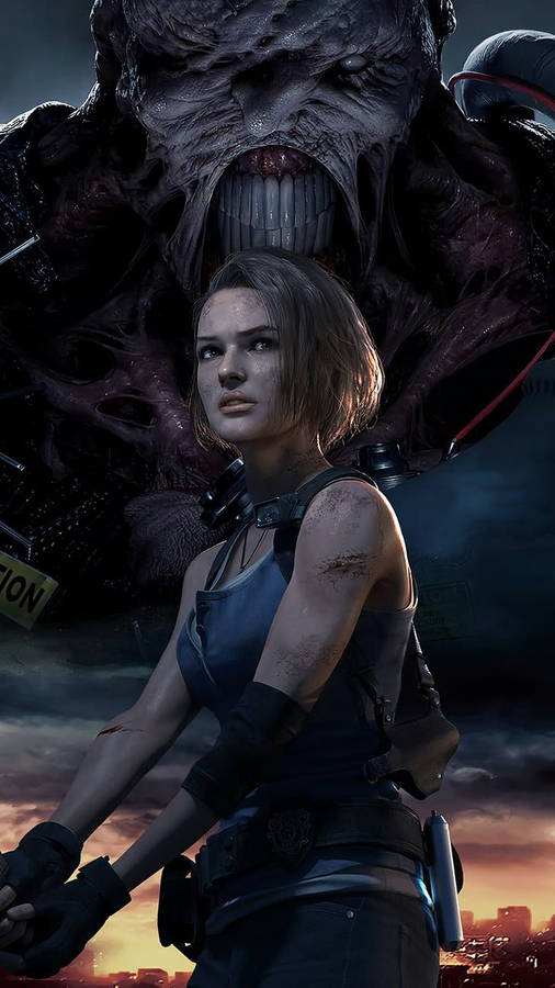Jill Valentine Facing Nemesis In The Resident Evil 2 Remake Wallpaper