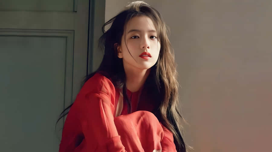 Jisoo Blackpink Elegant Red Dress Wallpaper