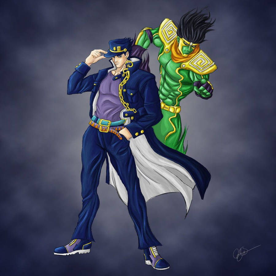 Jotaro Kujo And Star Platinum Engaged In Battle Wallpaper