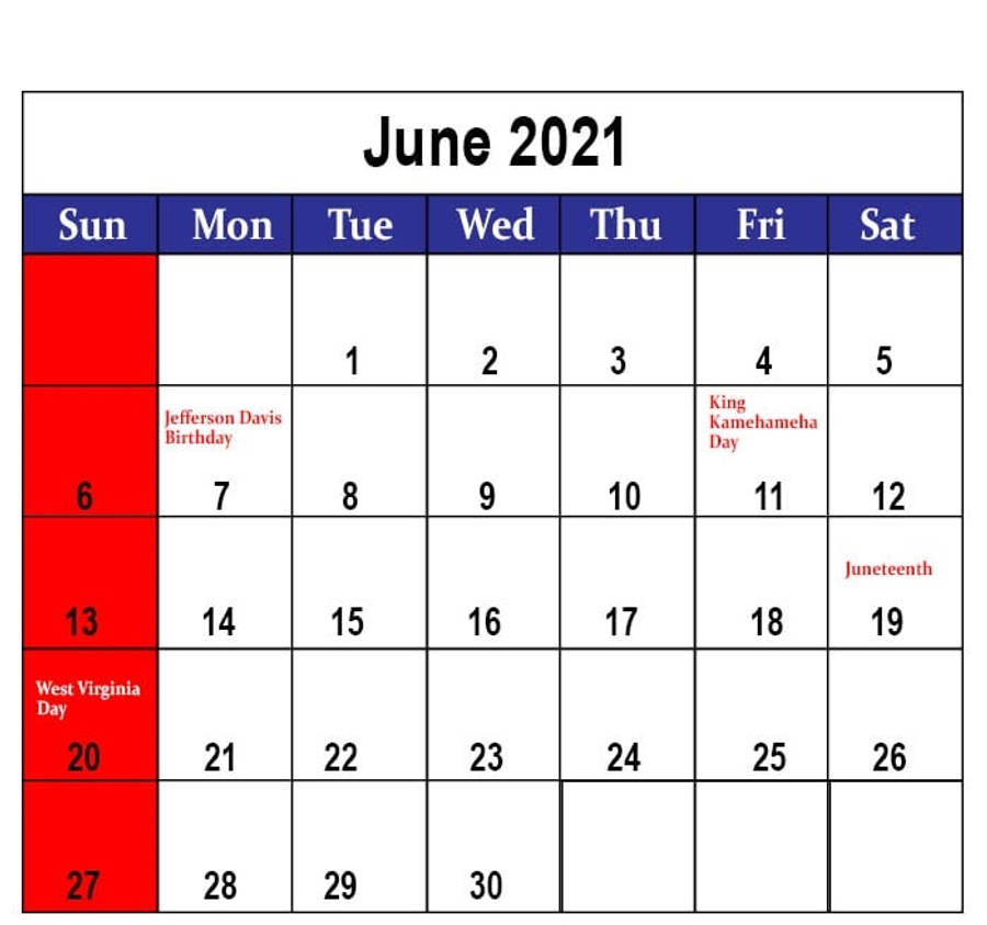 June 2021 Calendar With Red And Blue Dates Wallpaper