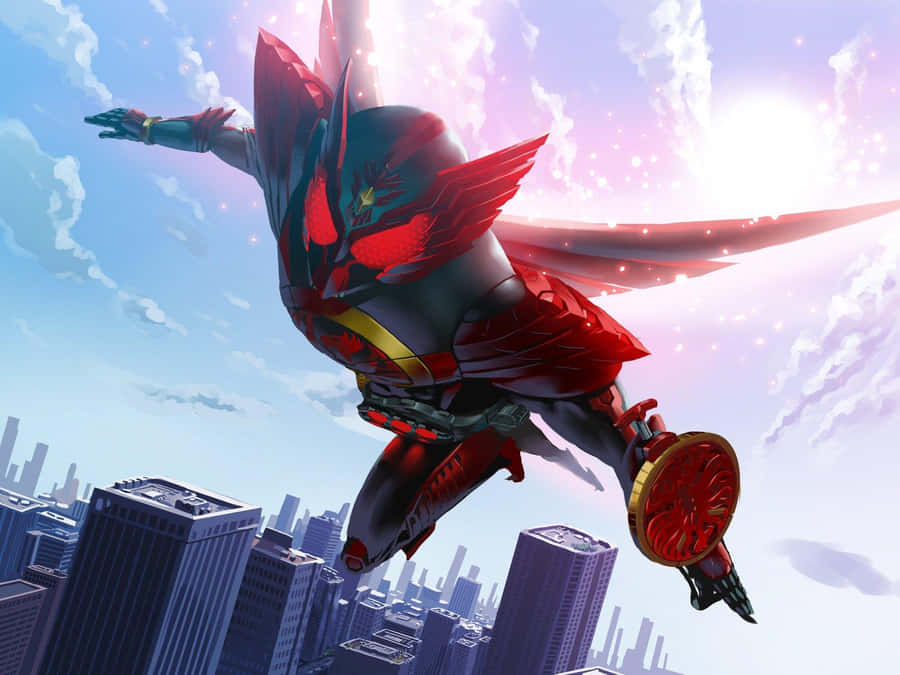 Kamen Rider Flying Above Cityscape Wallpaper