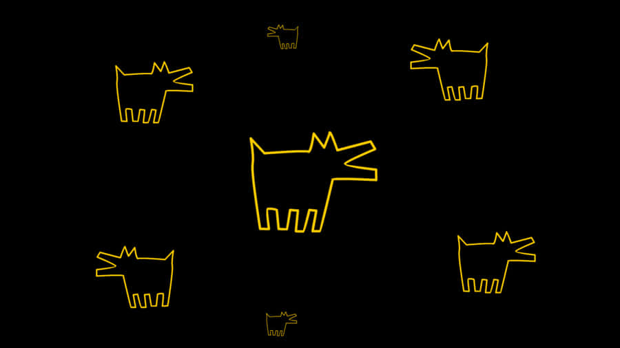 Keith Haring Inspired Yellow Dogson Black Wallpaper