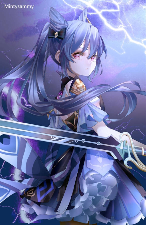 Keqing, The Warrior Wielding Electro Chaos Wallpaper
