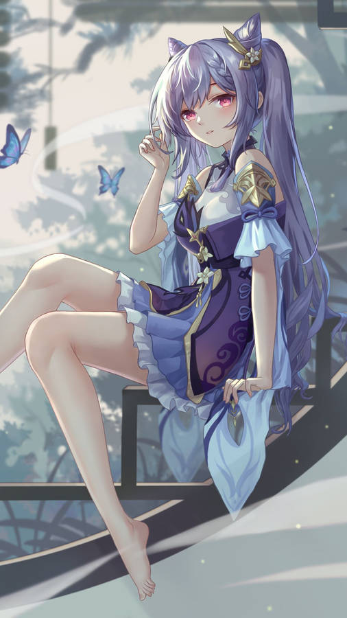 Keqing With Blue Butterflies Genshin Impact Phone Wallpaper