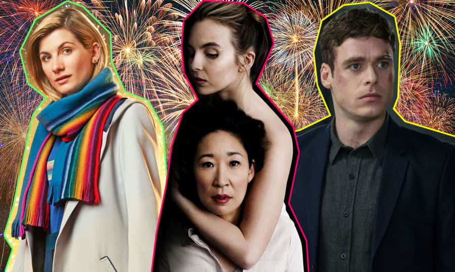 Killing Eve Cast Fireworks Backdrop Wallpaper