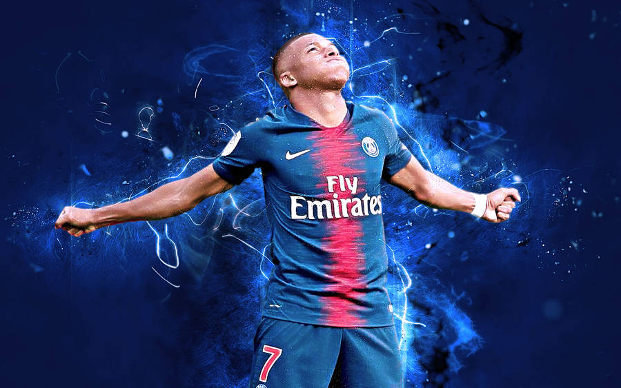 Kylian Mbappe Arms Wide In Blue Wallpaper