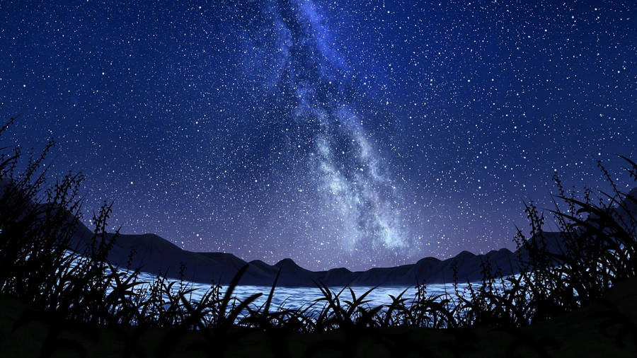 Lake Grass Anime Night Sky Wallpaper