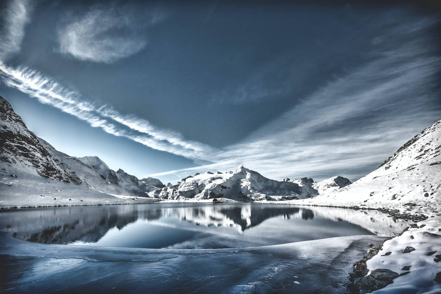 Lake Reflects Mountain In Cool Winter Wallpaper
