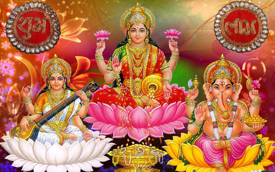 Laxmi Ganesh Saraswat Floral Art Wallpaper