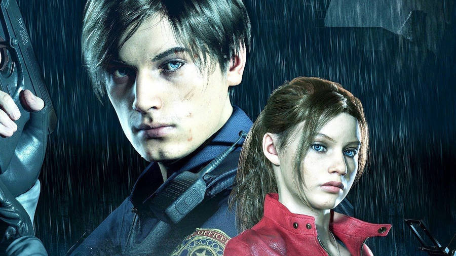 Leon And Claire Brave The Dangerous Rain In Raccoon City Wallpaper
