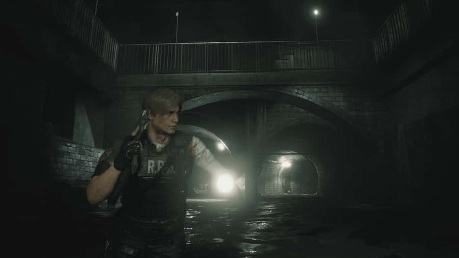 Leon Kennedy Protects Himself From A Zombie In Resident Evil 2 Wallpaper